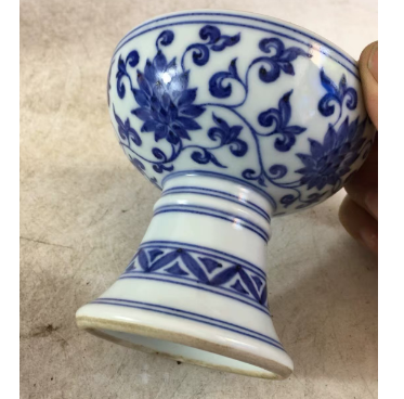 明時代 宣德年製款 古陶磁器 青花松竹梅高脚杯 酒杯 極細工